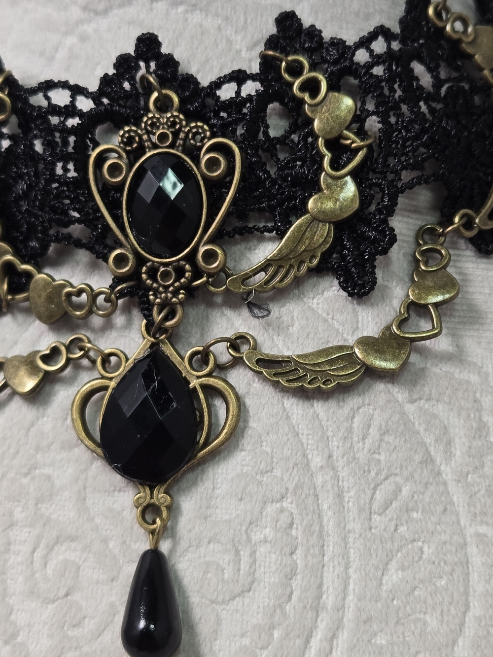 Gothic Victorian Lace Choker Black Gem Steampunk Lolita Vampire Necklace Hearts - Picture 4 of 5